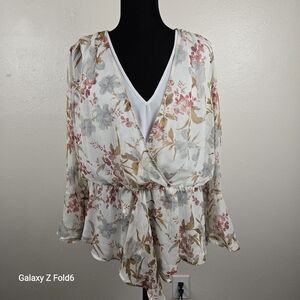 VINCE CAMUTO Floral Wrap Peplum‎ Blouse Long Sleeve Chiffon Top L Romantic Chic